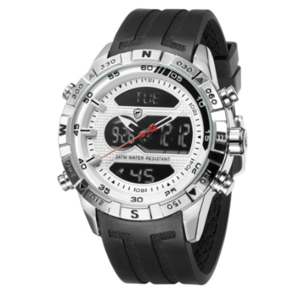 Cool Design SHARK Men Stopwatch Calendar Auto Date Alarm LCD Clock Dual Time Rub